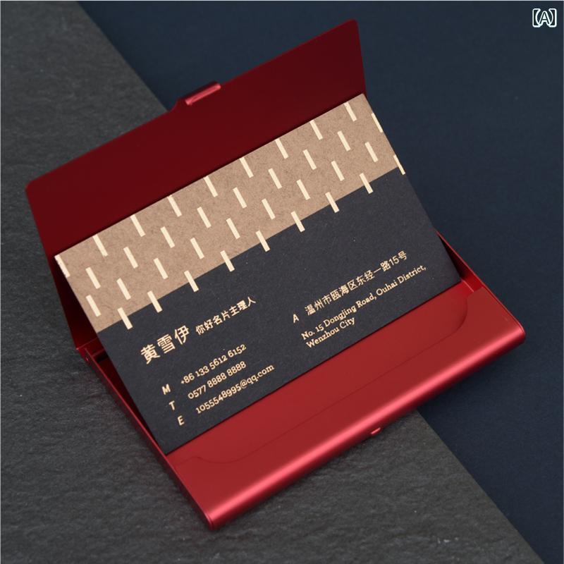 名刺ホルダー 男性と 女性の ための ポータブルな超 薄型 名刺 ホルダー、 黒、 赤、 シャンパンゴールド、 スタイリッシュで 絶妙な 金属製 カードホルダー / 名刺 クリップ。