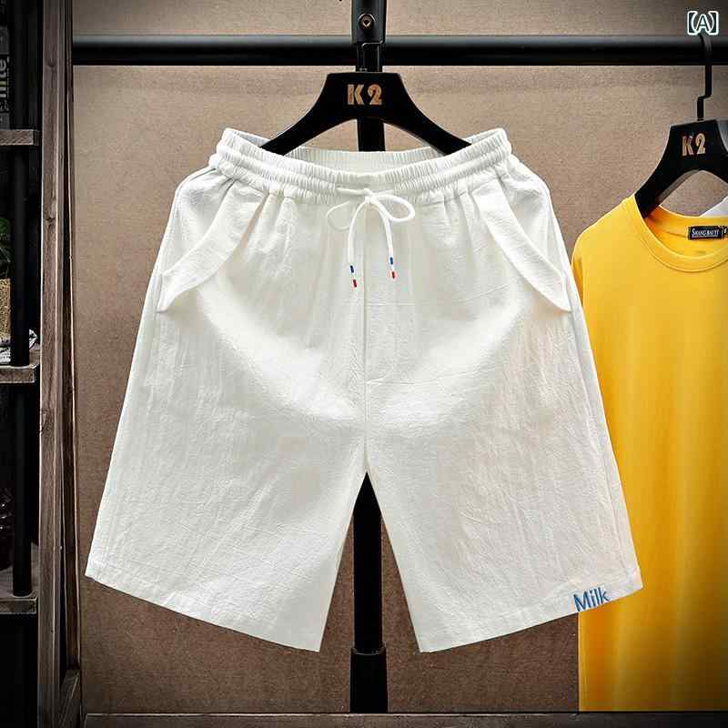 メンズショートパンツ メンズカジュアル サマー トレンディ 刺繍入り ホワイト ストレート レッグ ミドル 丈 ショート パンツ、 ゆったりと した 純 綿、 シンプルで 万能な スポーツ ショート パンツ