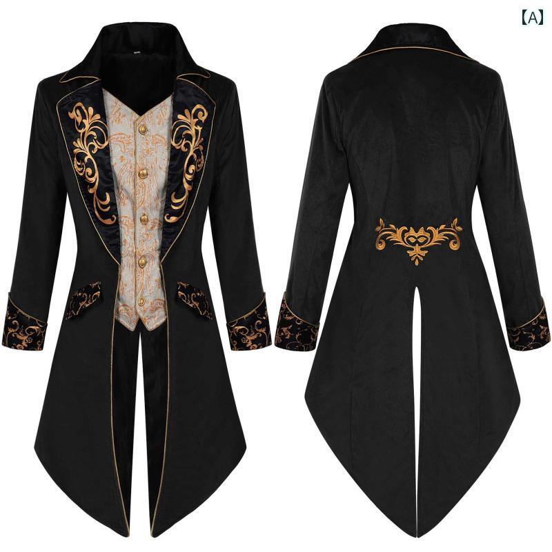 タキシード 中世 ヨーロッパの 男性用 貴族 衣装、 金色の プリントの 燕 尾 タキシードと 襟が 付いた..