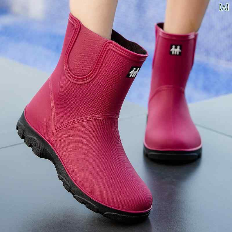 おしゃれ レインブーツ 新しい 欧 米 スタイルの レディース レインブーツ、 ふくらはぎ 丈、 ファッショナブル、 軽量、 防水、 滑り止め、 ゴム 靴。