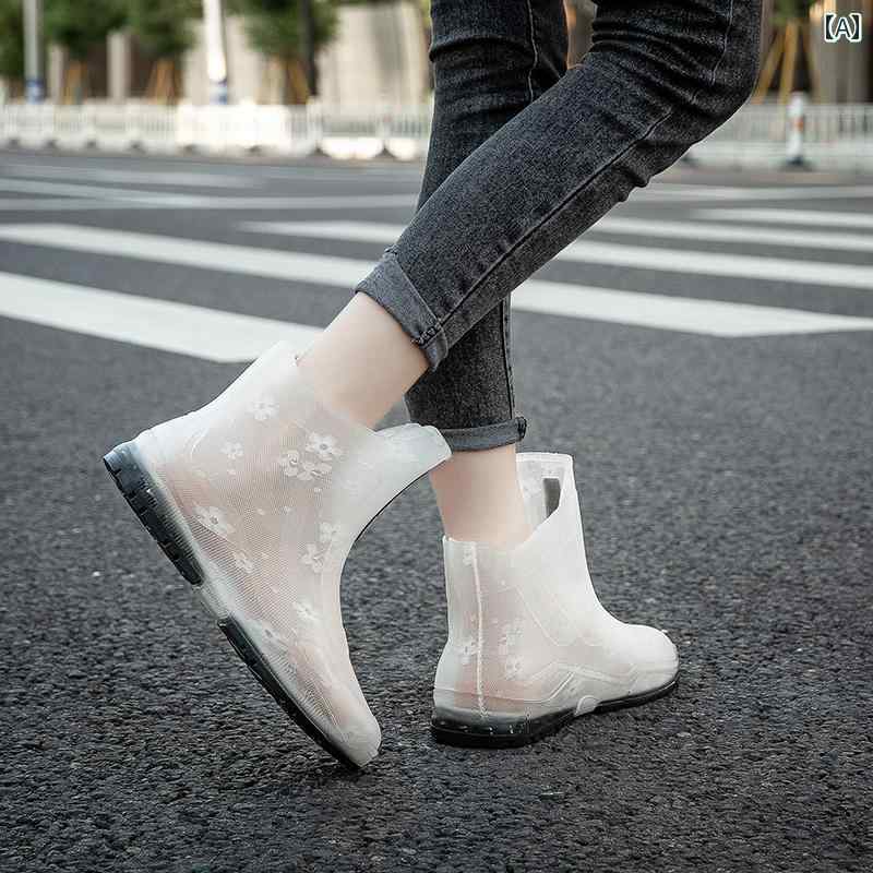 おしゃれ レインブーツ 2023年 新作 女性用 レインブーツ、 ファッショナブルな ショート チューブ 韓国 大人用 ウォーター シューズ、 学生用 防水 滑り止め オーバー シューズ、 レインブーツ、 ラバーシューズ