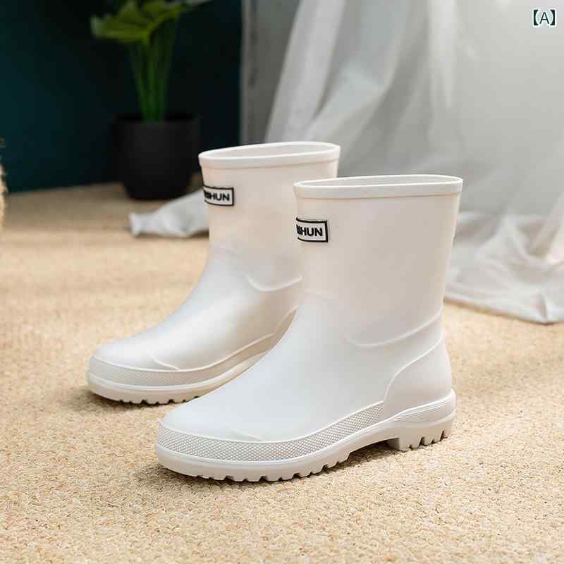 おしゃれ レインブーツ 韓国 風 ミドル 丈 レインブーツ、 ファッショナブルな新 スタイル、 防水 レインブーツ、 キッチンワーク用 滑り止め ウォーター シューズ、 軽量 ソフト ソール ラバーシューズ