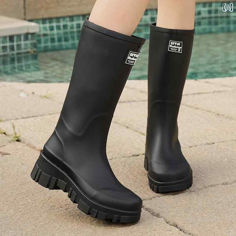 おしゃれ レインブーツ 2025 トレンドの ウォーター シューズ ハイ トップ 防水 アウターウェア プラス ベルベット 耐 摩耗性 ラバーシューズ レインブーツ レディース 厚 底 滑り止め レインブーツ 雨の 日