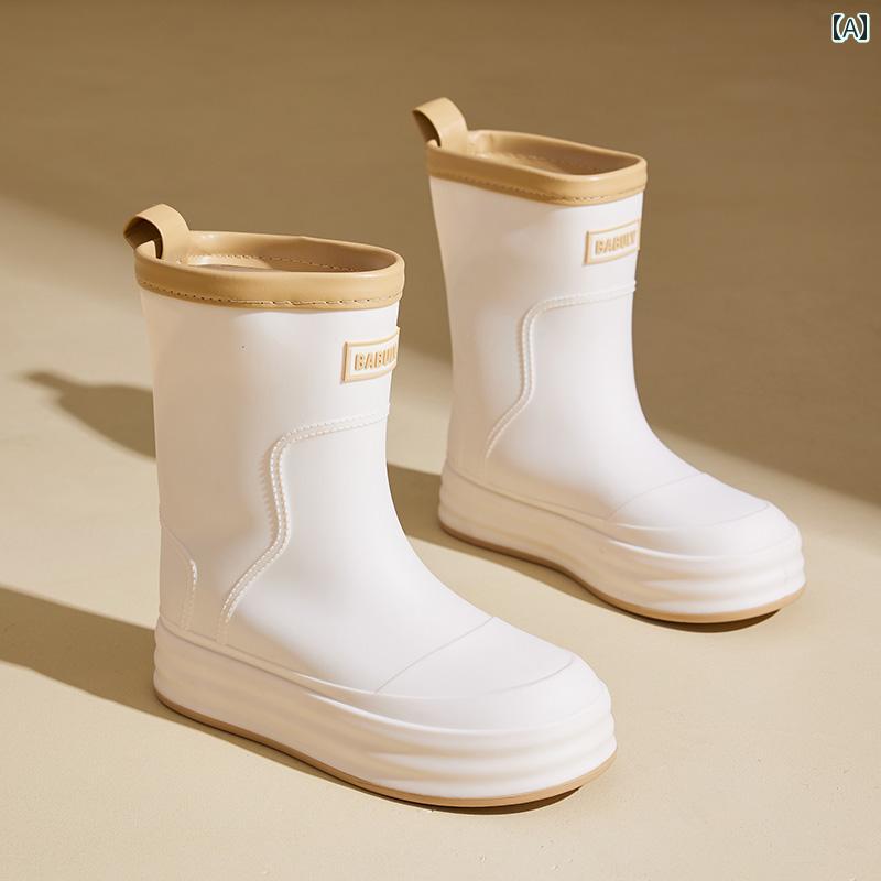 おしゃれ レインブーツ 女性用 レインブーツ 2025 おしゃれで スタイリッシュな アウトドア用 ミッド チューブ 防水 シューズ 学生用 滑り止め 付き ベルベット レインブーツ キッチン用 ラバーシューズ 女性用