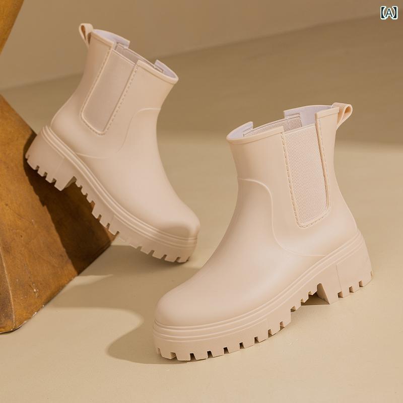 おしゃれ レインブーツ 厚 底 ショート チューブ レディースシューズ、 韓国 版 レインブーツ 秋 冬 プラス ベルベット 暖かい 滑り止め ゴム 靴 身長 アップ 防水 ファッション レインブーツ ウォーター シューズ