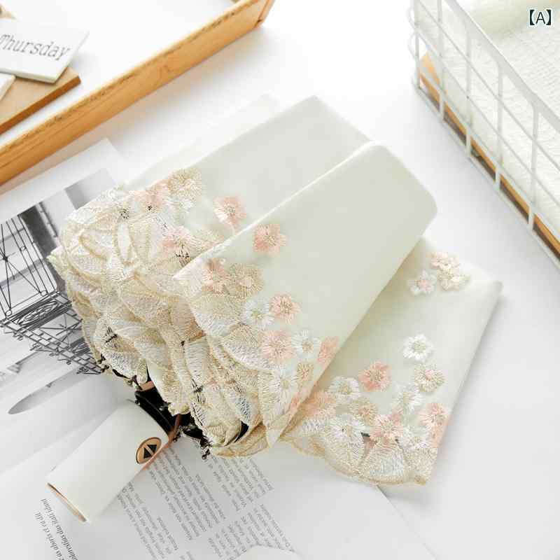 女性用傘 かわいい 女性用全 自動 刺繍 日傘、 紫外線 防止 二 層 日傘、 ビニール 日よけ 傘、 折りた..