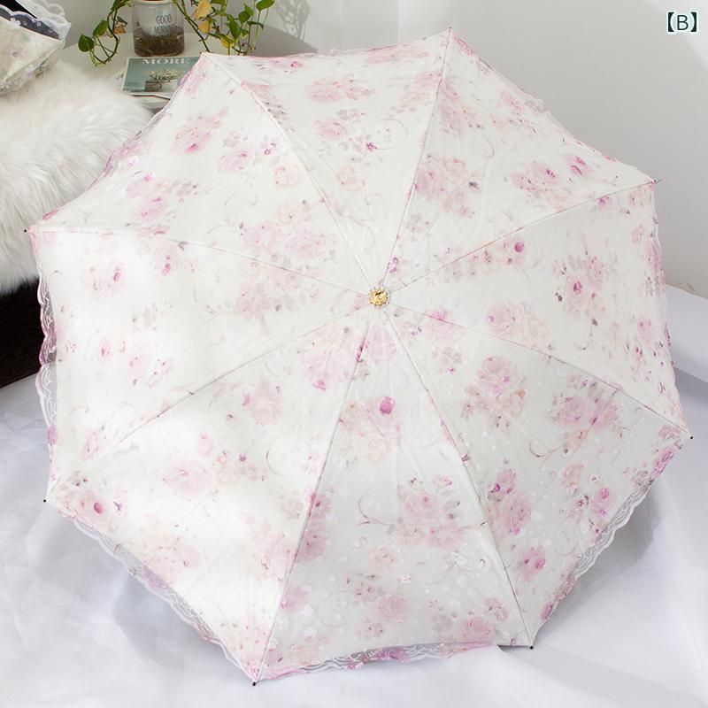 女性用傘 かわいい 女性用の全 自動 二 重層 レース 日傘、 新鮮で シンプルな デザイン、 日焼け 防止..