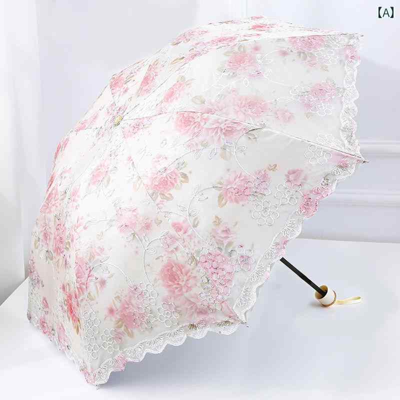 女性用傘 かわいい 超 強力な 日焼け 防止と 紫外線 防止 機能を 備えた 二 重層 日傘、 レース 折りた..