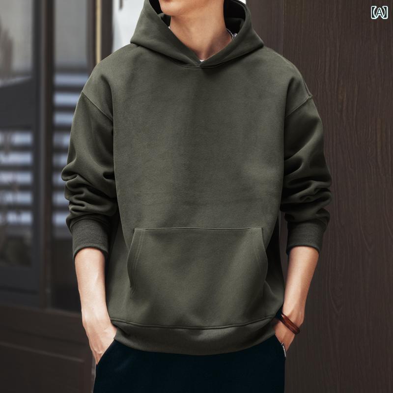 パーカーメンズ グリーン ディア アメリカン ソリッドカラー ヘビー シンプルな フード 付き スウェッ..