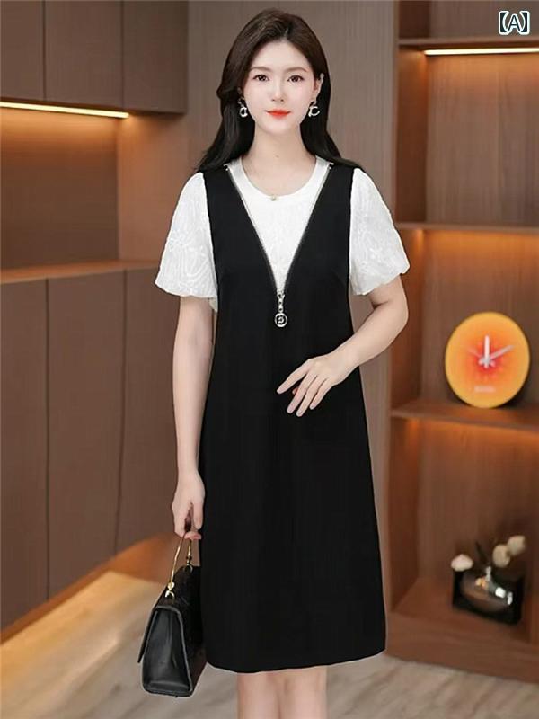 オーバーオールドレス 気質の パフスリーブ フェイク ツーピース ドレス 女性 2025 夏の 新しい スタイルの 肉を 覆い、 スリムな 継ぎ 合わせ ミディアム 丈 サスペンダー スカート