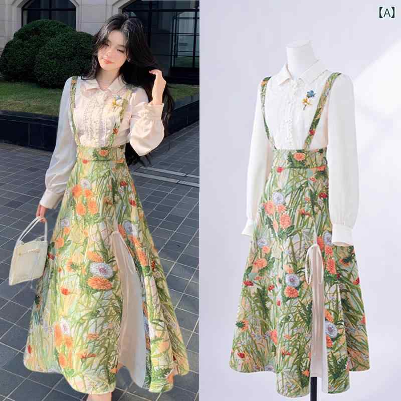 オーバーオールドレス フレンチ シャツ 油絵 風 サスペンダー スカート やや 太め mm ツーピース スー..