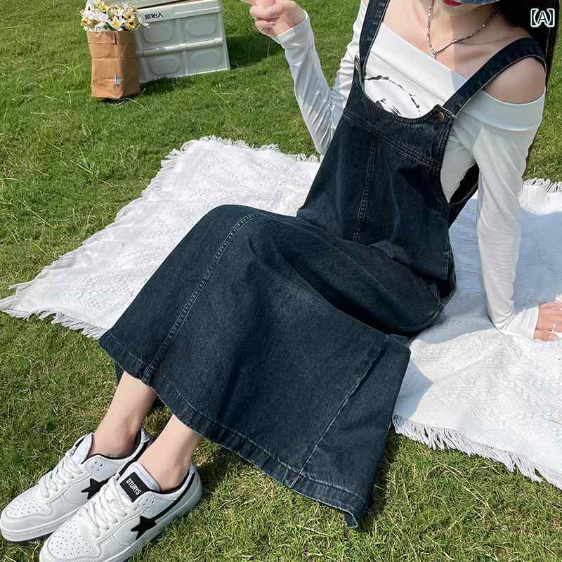 オーバーオールドレス レトロ デニムオーバーオール スカート レディース 春と 秋 2024 新作 ミドル 丈..