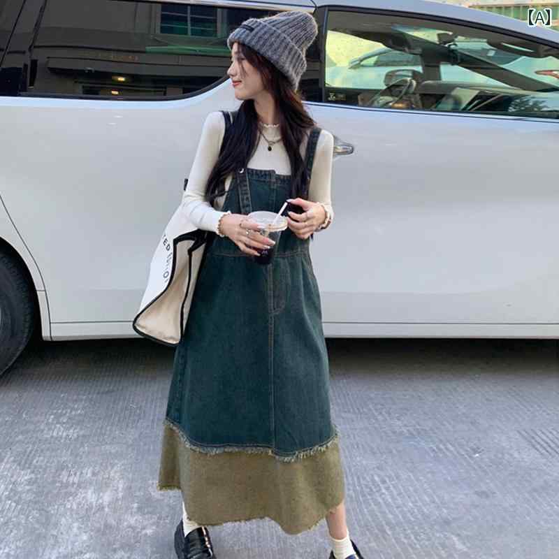 オーバーオールドレス 年齢を 減らす 気質 ミッド レングス コント ラスト カラーステッチ デニム サス..