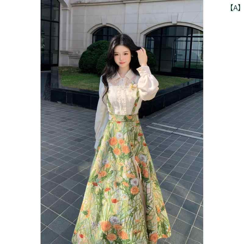 オーバーオールドレス 【 日 尚方】 新作 秋の 油絵 雰囲気 フレンチ レトロ ハイ ウエスト スリミング..