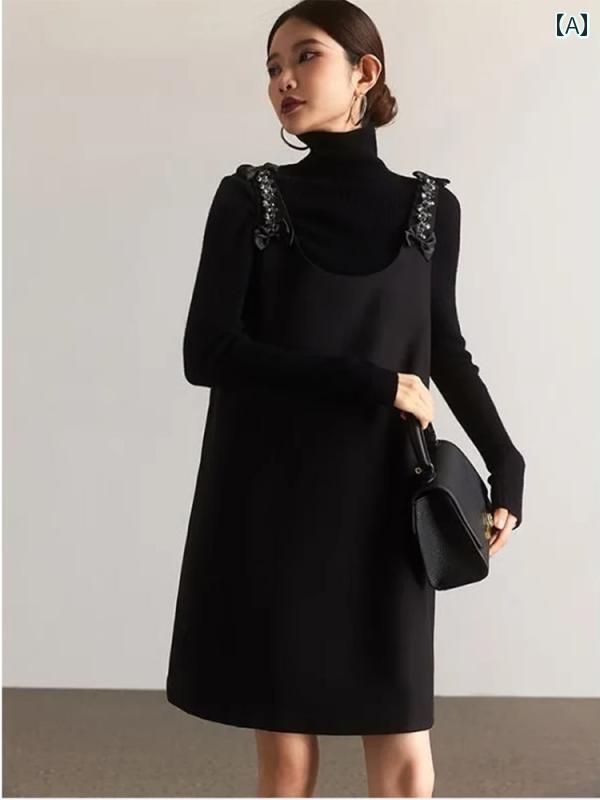 オーバーオールドレス フランス製 ブラック サスペンダー ドレス、 女性用、 秋 冬 新作、 リボン ネイ..