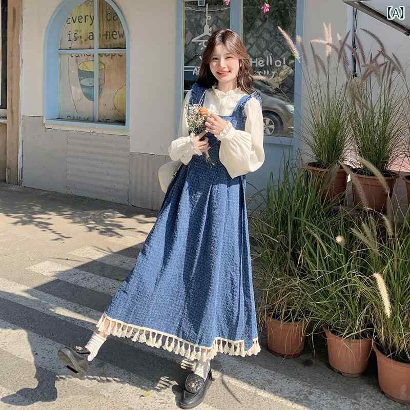 オーバーオールドレス ブルーの レトロ デニムオーバーオール ドレス 2025 春 ガールズ アウトフィット..