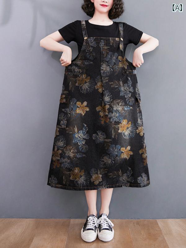 オーバーオールドレス レディース向け ヨーロピアンスタイルの プリント デニムオーバーオール ドレス、 夏 スタイル、 プラス サイズ、 ゆったり フィット、 ミドル 丈、 ノースリーブ。