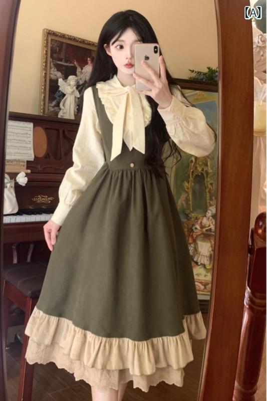 オーバーオールドレス 大きい サイズの 森の サスペンダー スカート ドレスと シャツ、 ファット mmの カレッジ スタイルの 甘い スカートの 田園 風の 完全な セット