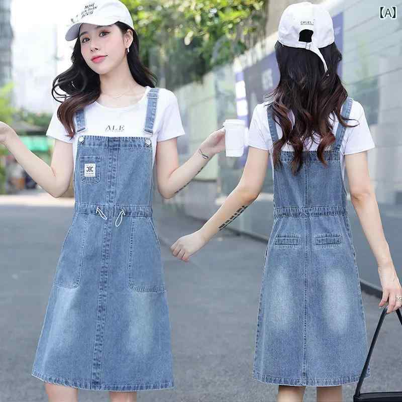 オーバーオールドレス ウエストを 細くする デニムオーバーオール スカート、 夏は 細身、 2024年 新作 ホット スタイル、 ミディアム＆ ロング レース アップ サスペンダー ドレス