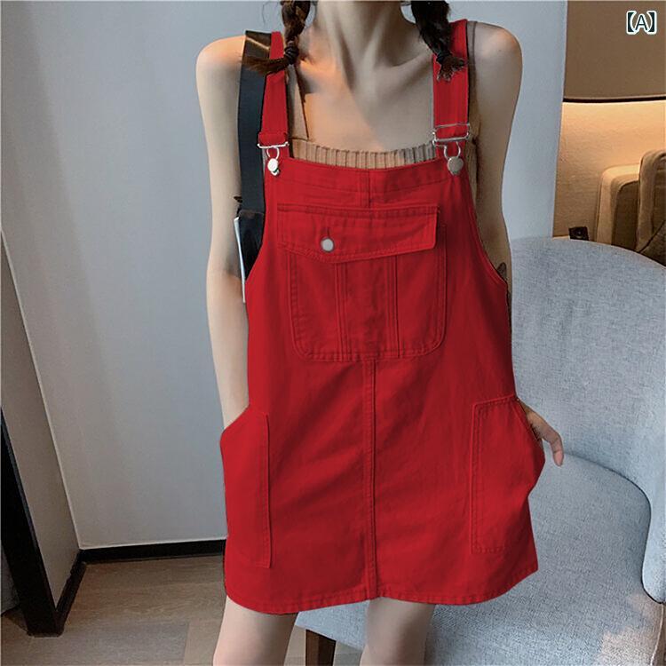 オーバーオールドレス 2024年 夏 レディース ワークウェア スタイル マルチ ポケット レイ ヤード レッ..