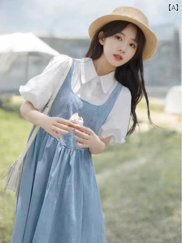 オーバーオールドレス パフスリーブ デニムワンピース レディース 夏 2025 小ぶりな フレッシュな 年齢を 感じさせない フェイク ツーピース スーツ ガール サスペンダー スカート