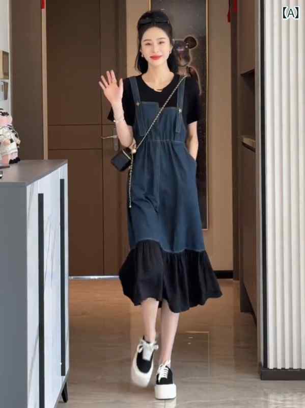 オーバーオールドレス ヨーロッパの 商品の コント ラスト カラーステッチ デニム フェイク ツーピース ドレス レディース 2025 夏 ファッション カジュアル スリム エイジ ダウン オーバー オール スカート