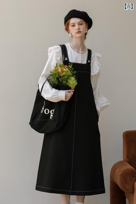 オーバーオールドレス 2024年 春秋 新作 レトロ ミディアム 丈 ブラック ワンピース レディース カジュ..