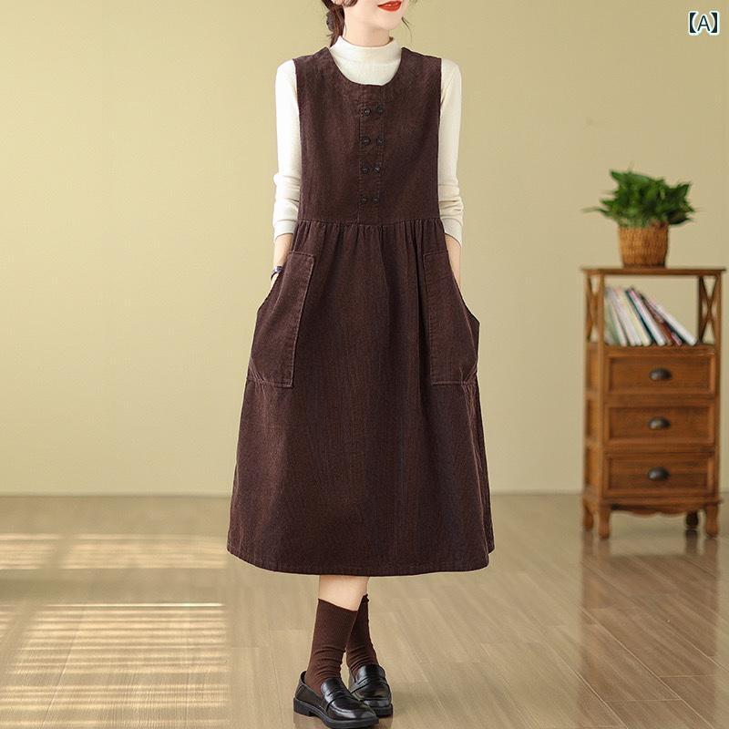 オーバーオールドレス 100 % コットン コーデュロイ サスペンダー ドレス ミディ ドレス レディース レ..