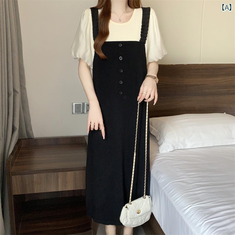 オーバーオールドレス ピンクの フェイク ツーピース サスペンダー ドレス、 女性用 2025年 夏 新作、 大きい サイズ、 ファット mm、 スリミング、 お腹 カバー、 年齢を 感じさせない ストレート スカート