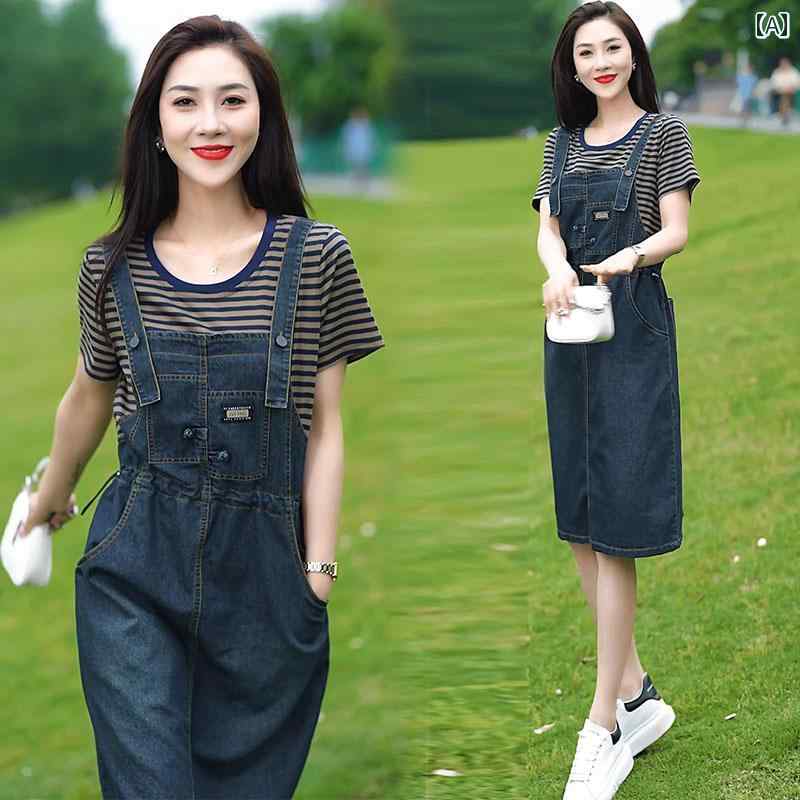 オーバーオールドレス レディース 2025年 夏 新作 半袖 サスペンダー ドレス ツーピース セット - スタイリッシュで スリムに