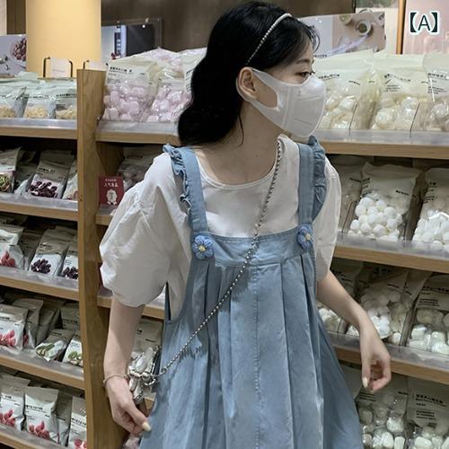 オーバーオールドレス スイートな プレッピー スタイルの オーバー オール ドレス 2 ピース セット、 女の子向けの 新しい 夏の 衣装、 ゆったりと した カジュアルな ミドル 丈 ドレス。