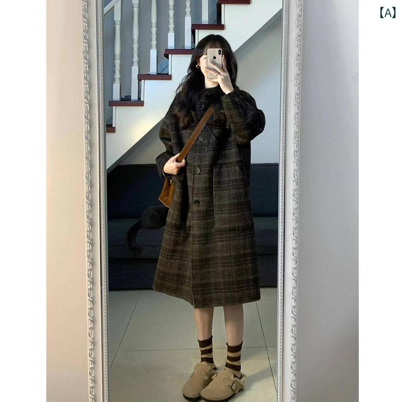チェック柄ウールコート 韓国 風の フード 付き チェック 柄 ウール コート、 レディース、 2024年 秋 ..