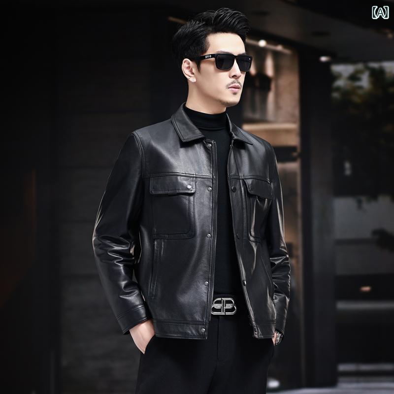 海 寧本 革 ジャケット第 一 層 牛 革 ジャケット メンズ ラペル カジュアル 薄手 コート 秋 冬 ジャケット 多 ポケット 付きブランド：デューセンクライン/Dusen Klein市場投入時期: 2024年9月バージョン: スリムフィットスタイルの詳細：刺繍ステッチ裾のデザイン：ストレート裾基本スタイル：ファッショナブルな街対象者：中年適用シナリオ: レジャー素材構成: 牛革トップ層商品番号: DK5801適用季節: 秋スタイル: 本革ジャケット原産地：中国厚さ: 厚め機能性: 取り外し可能な襟上場年と時期：2024年秋袖丈：長袖セグメントスタイル: 基本質量襟のタイプ：ラペル衣服のポケットスタイル：明智線パッチポケット長さ: レギュラー前立て：ジッパー柄：無地サイズ: 3XL 2XL M XL 4XL 5XL 6XL色: 黒