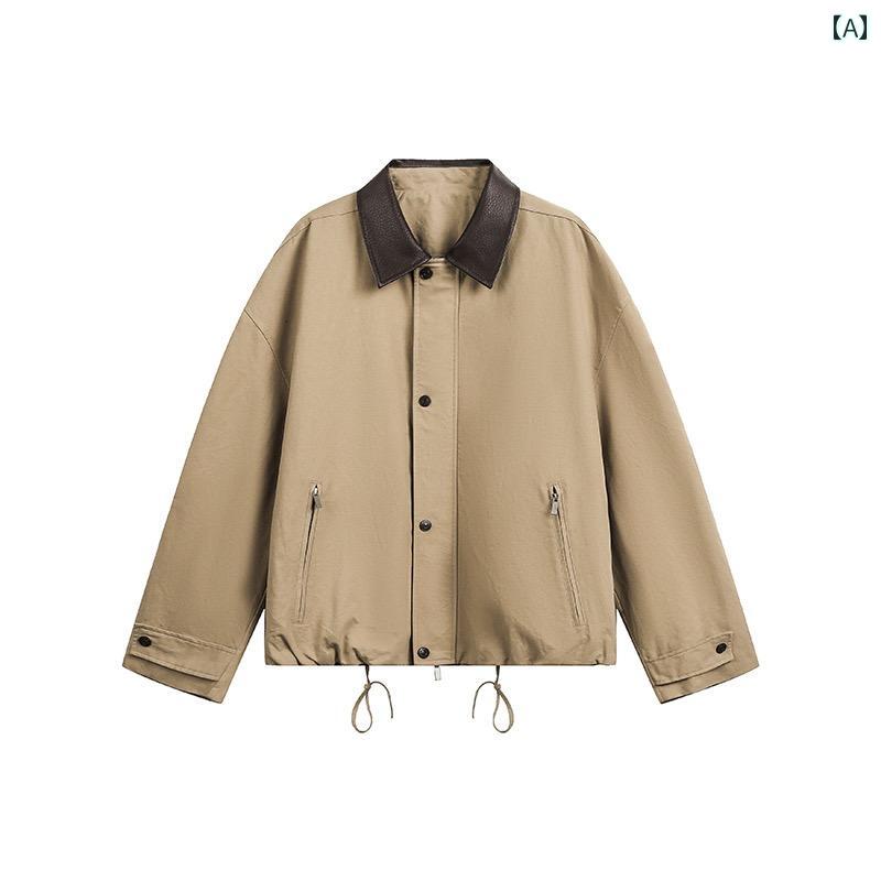 メンズレザージャケットメンズ アメリカン レトロ バーン スタイルの ショート PU レザー スプライシング ラペル ジャケット メンズ 秋 オールド マネー スタイル ルーズ ワークウェア コート トレンド