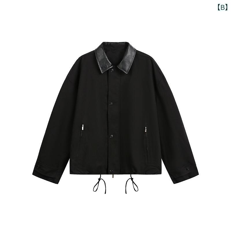 メンズレザージャケットメンズ アメリカン レトロ バーン スタイルの ショート PU レザー スプライシング ラペル ジャケット メンズ 秋 オールド マネー スタイル ルーズ ワークウェア コート トレンド