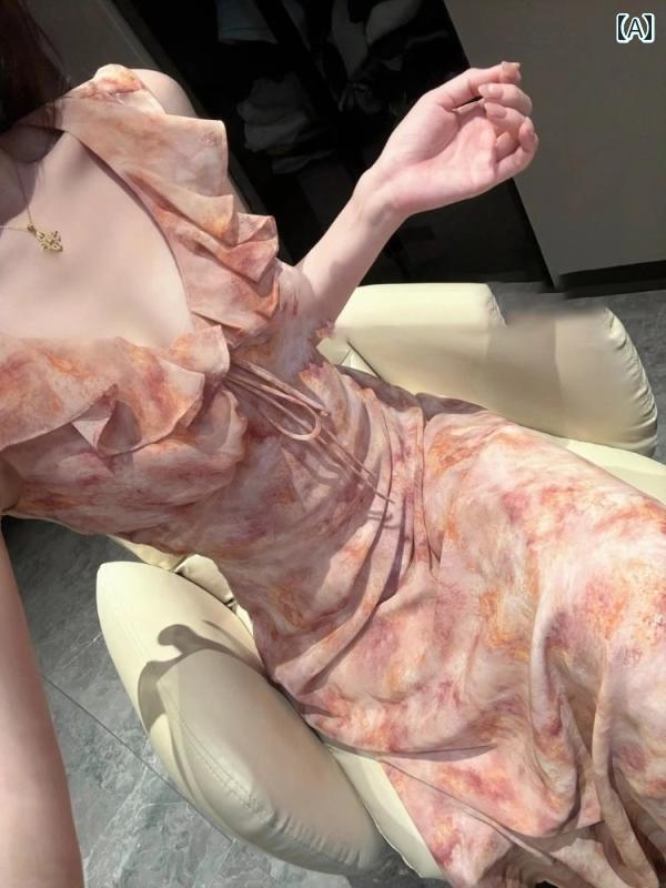 サスペンダードレス 韓国の 2025年 夏の 新作 ティーブレイク ピンクの フリル 花柄 V ネック ドレス、 美しい ウエストの スリム ロング スカート、 女性用