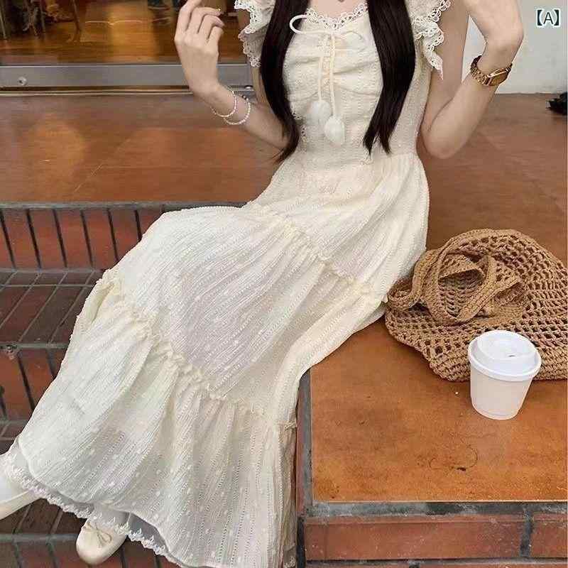 サスペンダードレス スクエア カラーの ドレス、 夏の 新作、 フレンチスタイルの小さな フライング スリーブ、 フリル ウエスト、 スリム デザイン、 サスペンダー ロング ドレス、 妖精