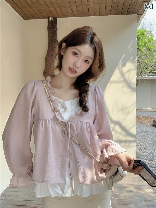 フリルシフォンシャツ 大きい サイズ 早春 ホリデー ツーピース ストラップ 長袖 シャツ レディース 20..