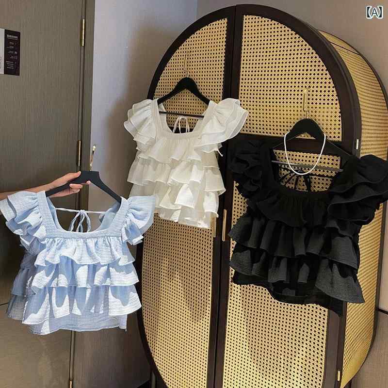 フリルシフォンシャツ 夏の 新しい フランスの 甘い シフォンシャツ フリル フライング スリーブ シャ..