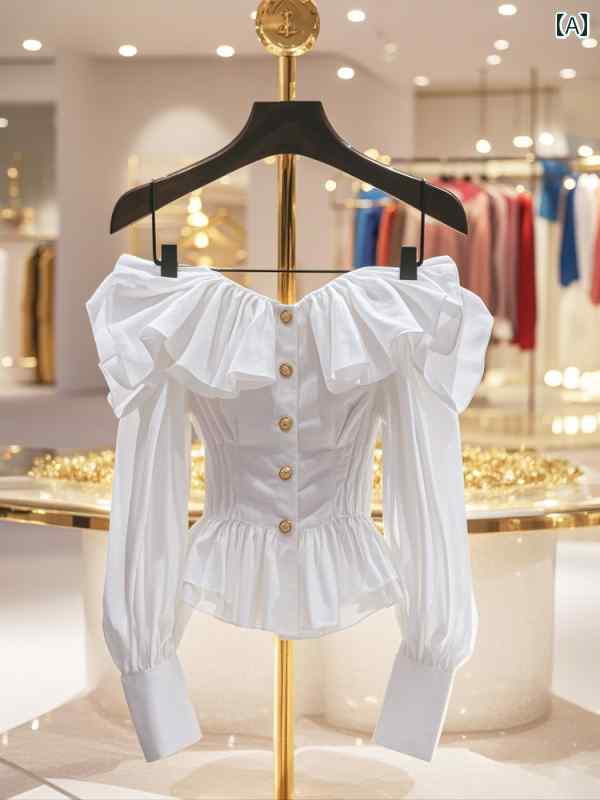 フリルシフォンシャツ 2025年 春の ホット スタイル、 高級、 軽い、 高級、 年齢を 感じさせない ファッション、 フリル ステッチ デザイン、 ホワイト ワンショルダー シャツ レディース