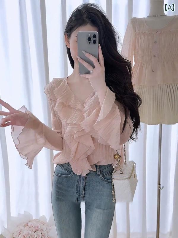 フリルシフォンシャツ ピンクの 雰囲気の フリル V ネック シャツ レディース 2025 初秋 新作 フレンチ スイート超 美しい シングル ウェア トップ