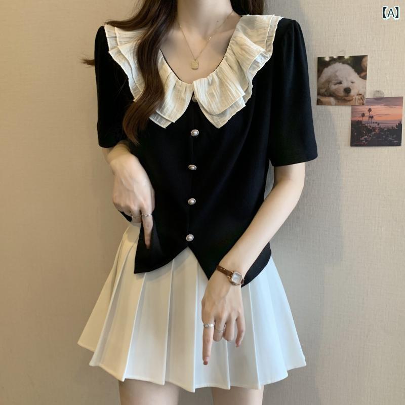 フリルシフォンシャツ プラス サイズの レディース フレンチ ロータスリーフ カラー 半袖 T シャツ、 ..