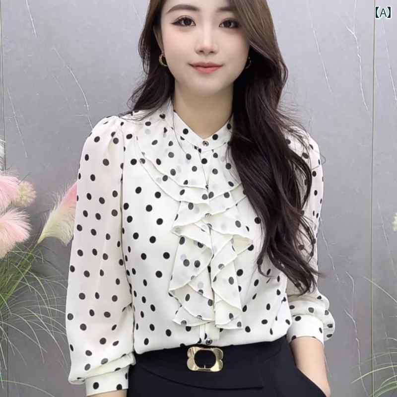 フリルシフォンシャツ 春の 新作 ファッション 水玉 模様の レース 襟 気質 万能 シャツ スリム シャツ ウエスタンスタイルの レディースシャツ