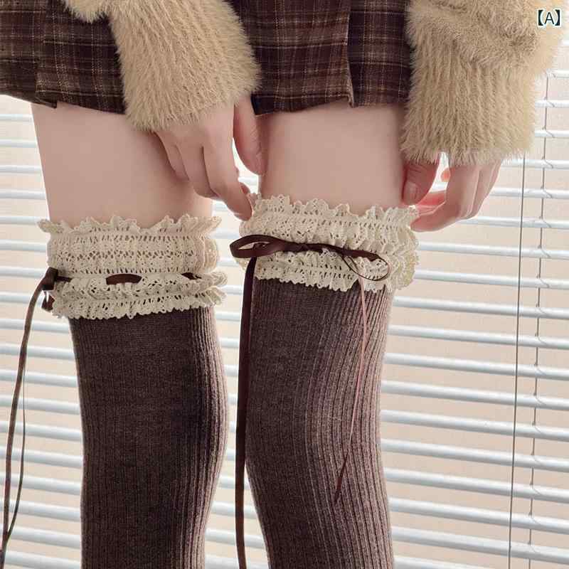 カーフソックス 秋 冬用 厚手 暖かい コーヒー 色 ニーソックス、 リボン 付き ホワイト ストッキング、 レース レース、 スモーキーグレーの サイ ハイ ソックス(4)