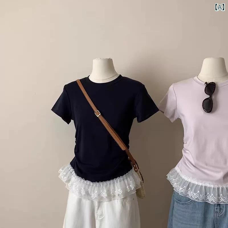 Rakuten - レディース Tシャツ 短袖 レース 切り替え スカート風 裾 バレエ スタイル スリム フィット ウエスト シェイプ フレンチ 気質 修身 トップス カジュアル 普段使い 軽量 伸縮性