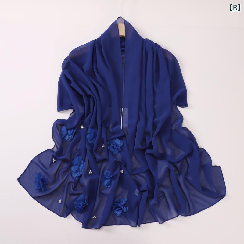 スカーフ パール シフォン 花刺繍 ビーズ ロング 巾 イスラム ヘッドスカーフ 中東 アフリカ マレー 軽量 通勤用 普段使い ショール 巻き方多様 女性用 seiyushop01-11739649 SEIYUショップ サンプル画像2