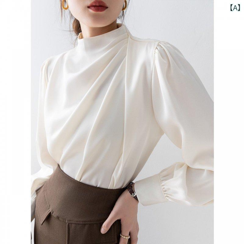 Blouses, Shirts - 2025 年 初秋 白 シャツ ラウンドネック 長袖 サテン 女性 用 トップス 小柄な 人 向け 高級 服
