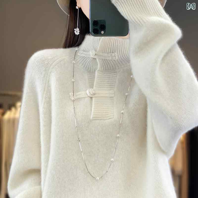 樂天商城 - ニットセーター レディース 中国風 盤ボタン プルオーバー 挿肩袖 綿羊毛混 編み トップス インナー スタイリッシュ モダン 洗練 暖か 柔らか 普段使い 通勤 レイヤード
