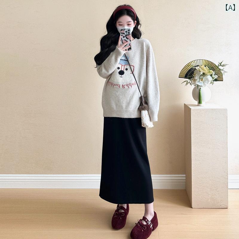 Blouses, Shirts - 妊婦 セット 2024 秋冬 ファッション 韓国 ゆるい 大きいサイズ 減 齢 厚手 セーター 腹 丈 スカート