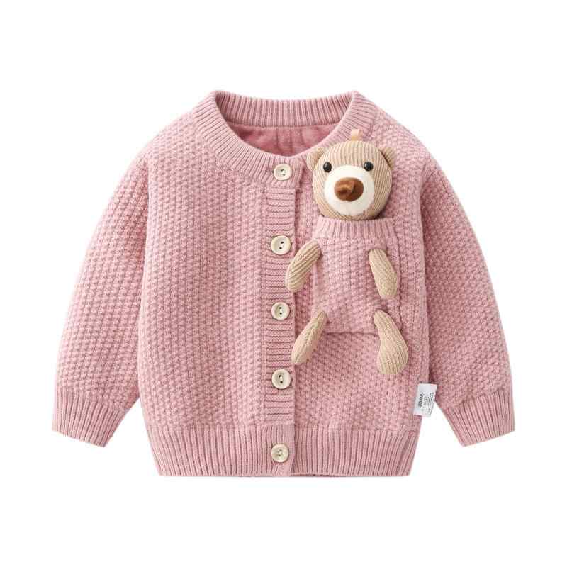 女児 秋冬 かわいい クマ プリント ピンク ニット カーディガン セーター トップス 暖か 柔らかい 普段使い スタイリッシュ キッズ 女の子 ベビー ウール調 長袖 ボタン 開き